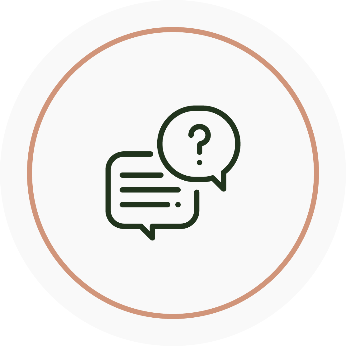 Icon of two speech bubbles, one with lines of text and the other with a question mark.