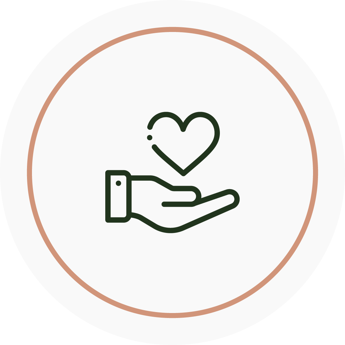 An icon of a hand holding a heart, representing care or giving.