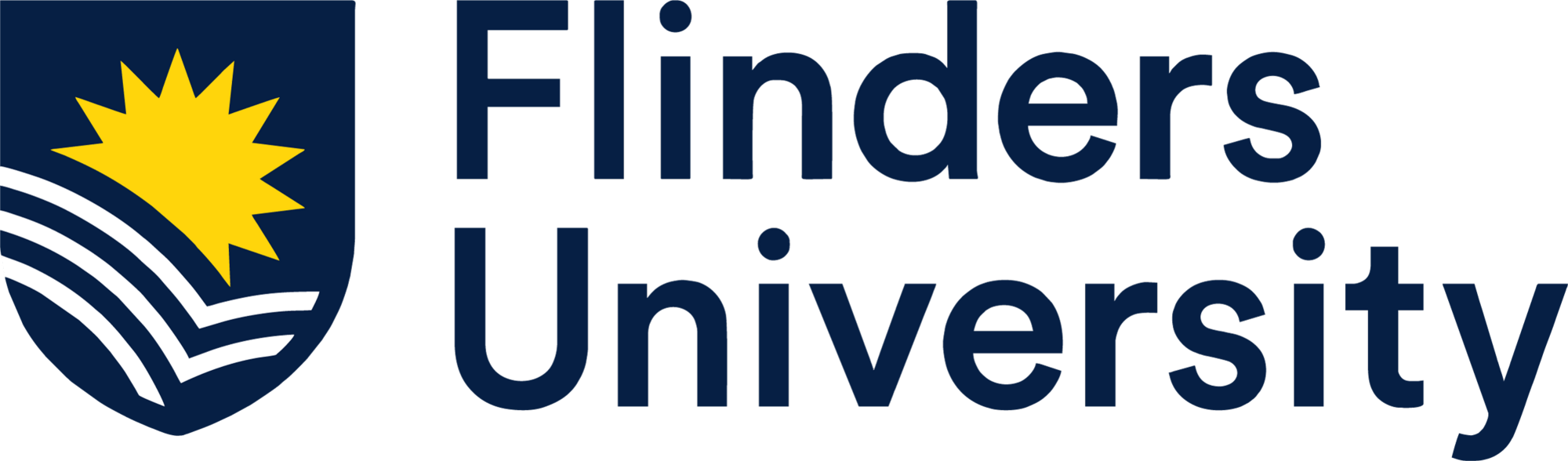 Logo of Flinders University featuring a yellow sun and white waves on a blue shield, with the university name in blue text.