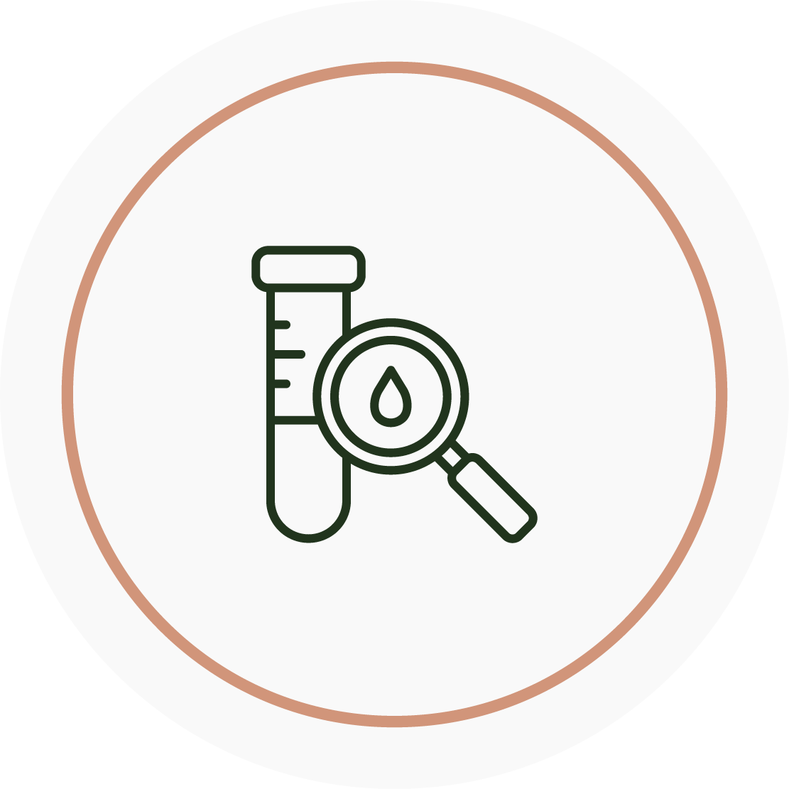 Icon of a test tube and a magnifying glass with a water droplet symbol