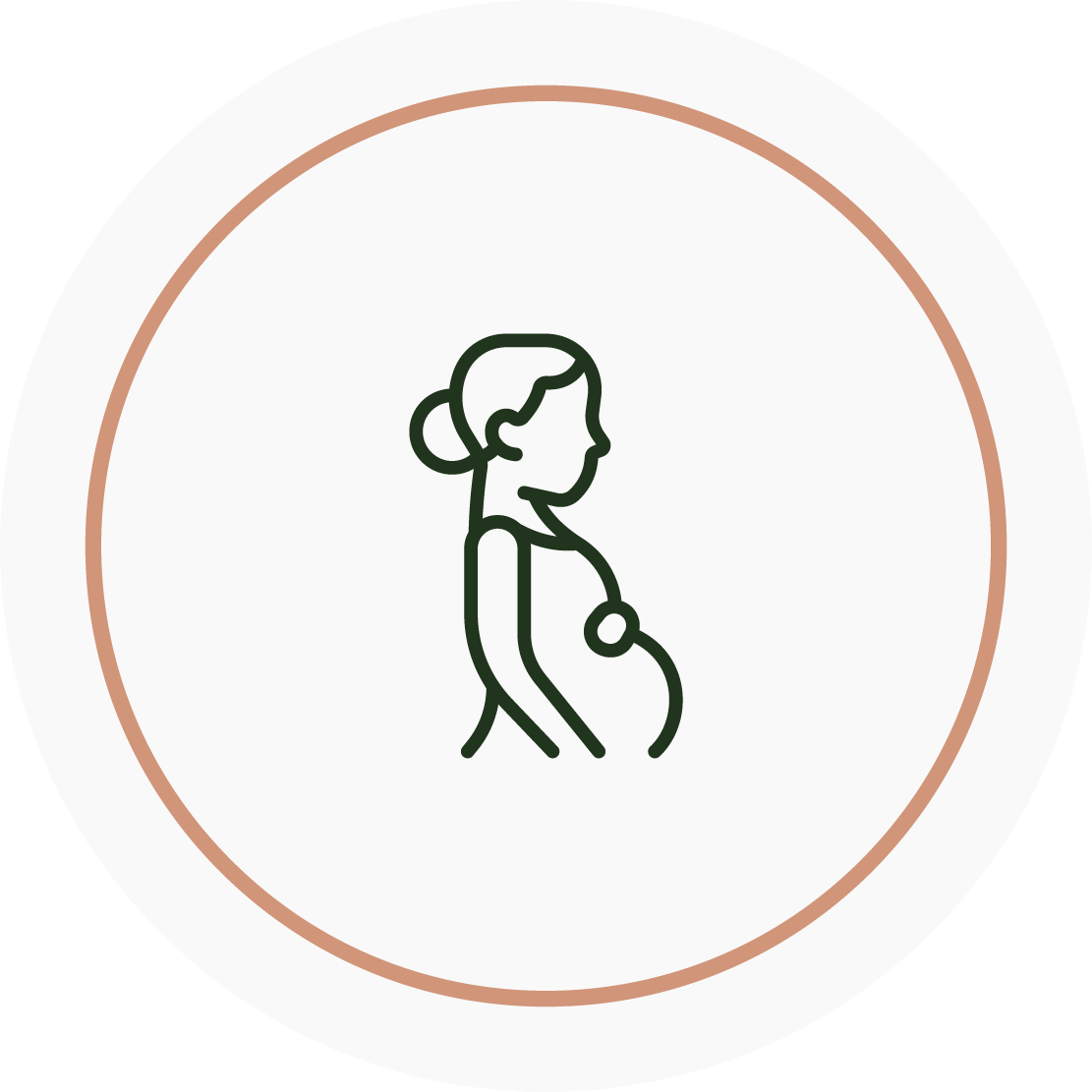 Line drawing of a pregnant woman in profile facing left, with her hair in a bun, inside a circular border.