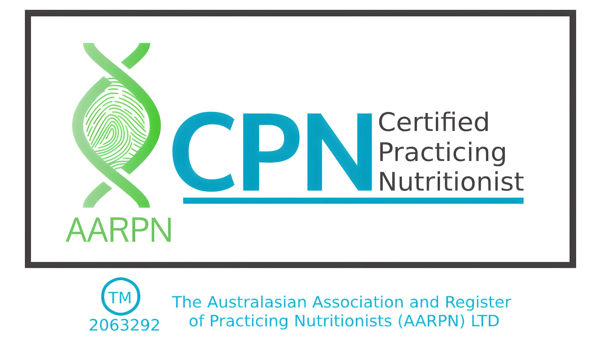 Logo for Certified Practicing Nutritionist with a green DNA helix design and fingerprint inside, and a blue text 'CPN' with a line underneath. Below, there is a green acronym 'AARPN' and a partial description of the Australasian Association and Register of Practicing Nutritionists.