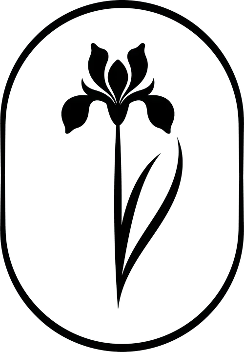 A black monoline drawing of a flower with three petals and two leaves enclosed in an oval shape.