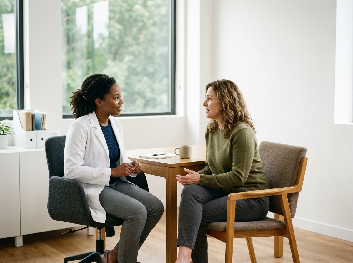 a female physician talking to a female patient
