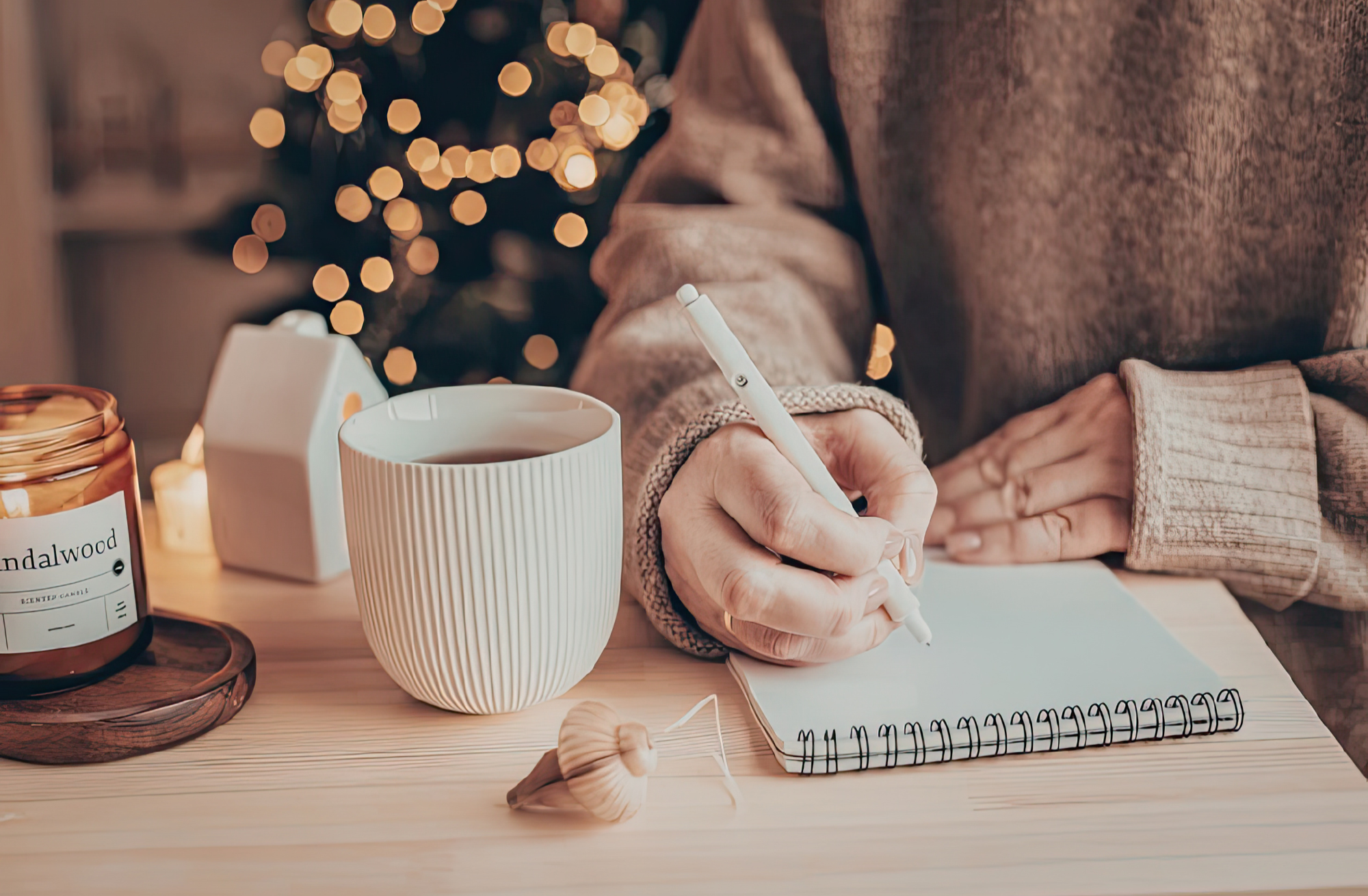 Person writing in a spiral notebook at a wooden table with a white mug, a candle, and a mushroom-shaped decorative object, with Christmas lights in the background.