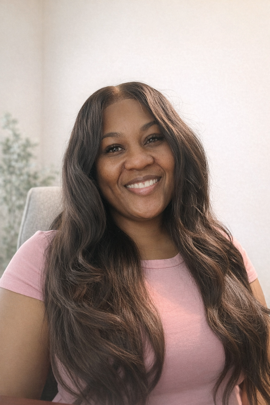 A woman with long wavy hair smiling while seated in an office with neutral-colored walls.
