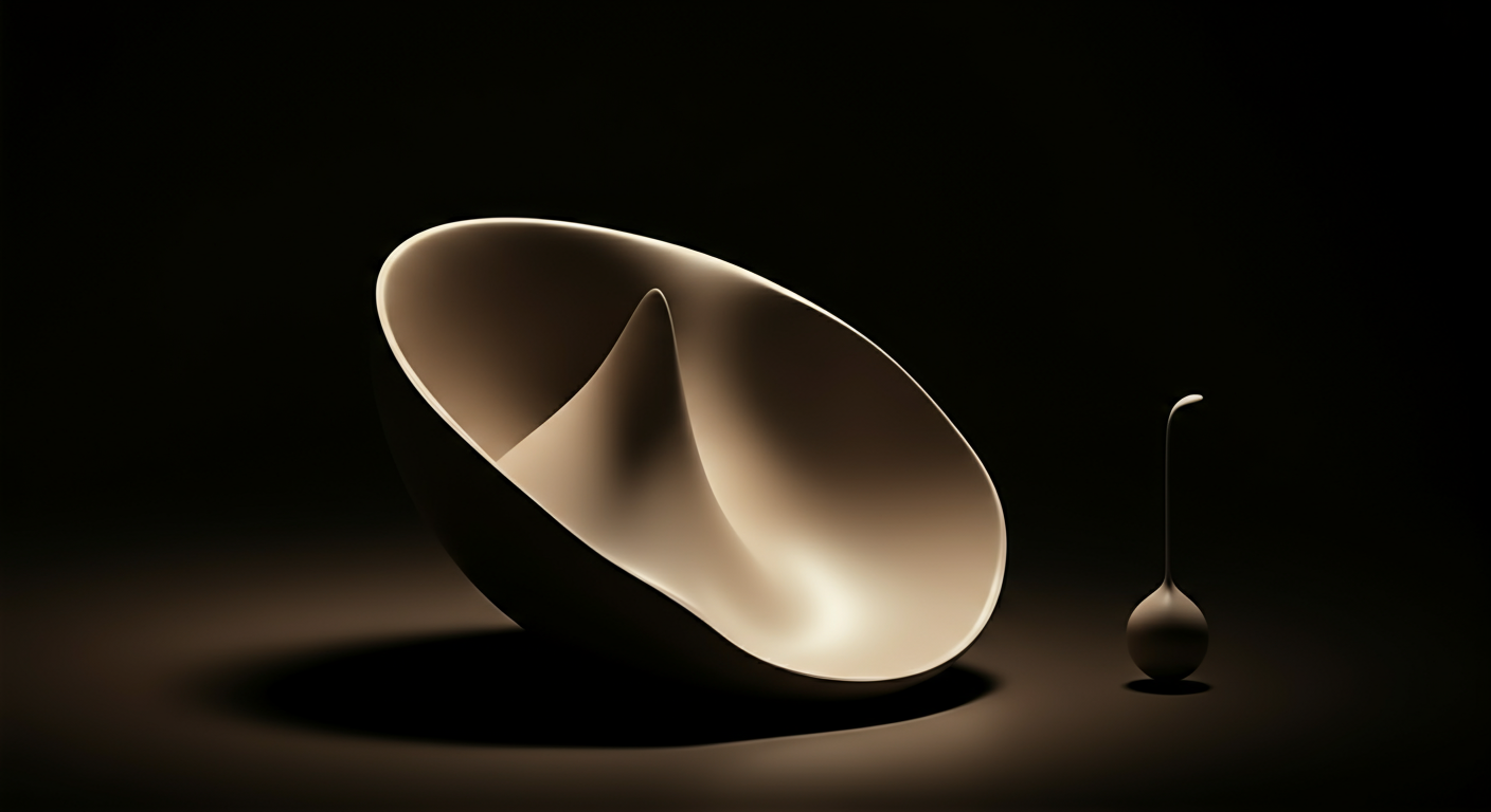 A sleek, modern lamp with a large, concave, bowl-shaped shade and a long, thin neck with a round base, illuminated in a dark setting.