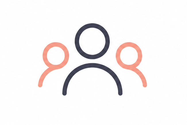 Minimalist icon of three people, with one in black and two in light red, representing a group or team.
