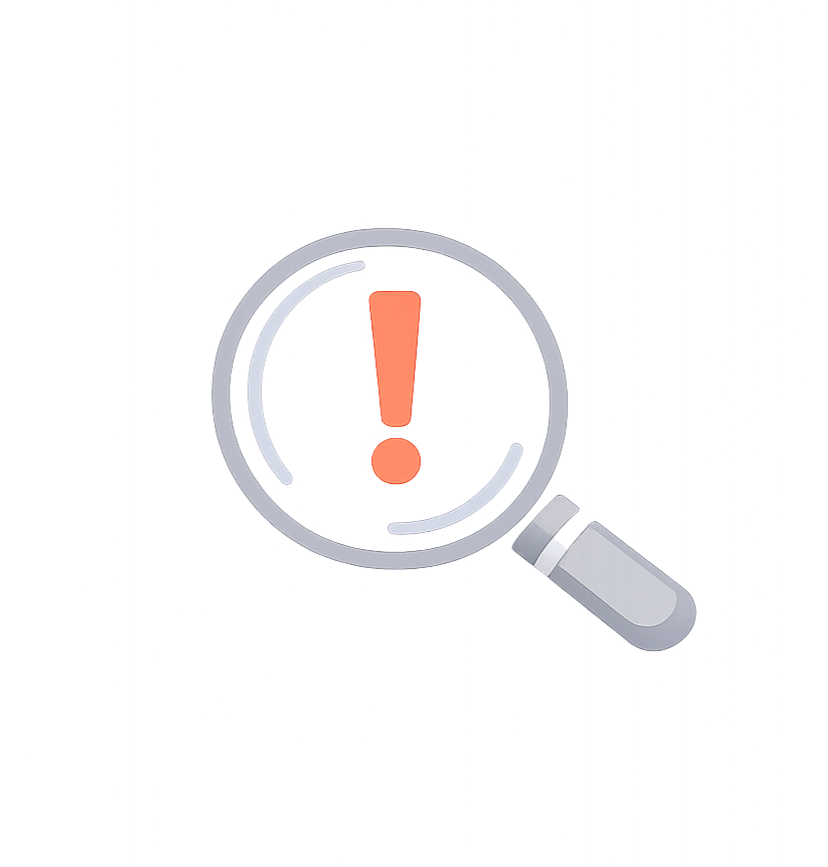 Magnifying glass focusing on an exclamation mark inside a circle, symbolizing a warning or alert.