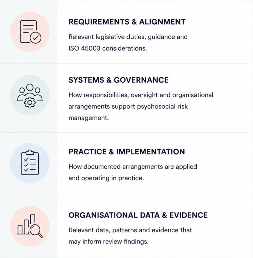A document outlining four sections: Requirements & Alignment, Systems & Governance, Practice & Implementation, and Organisational Data & Evidence, each with an icon and description.