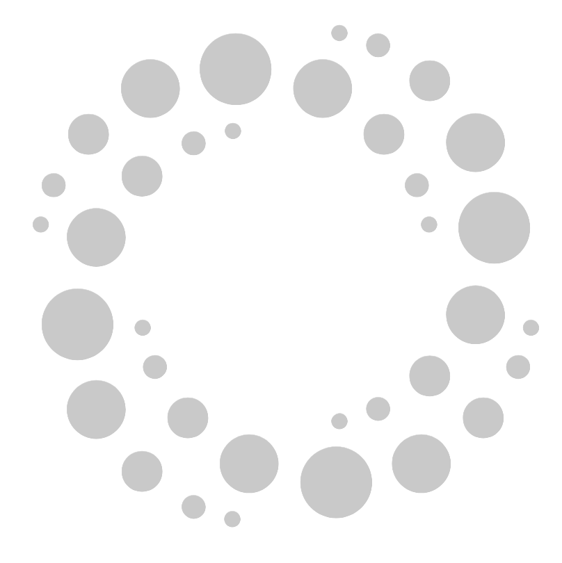 A circular pattern of gray bubbles on a white background.
