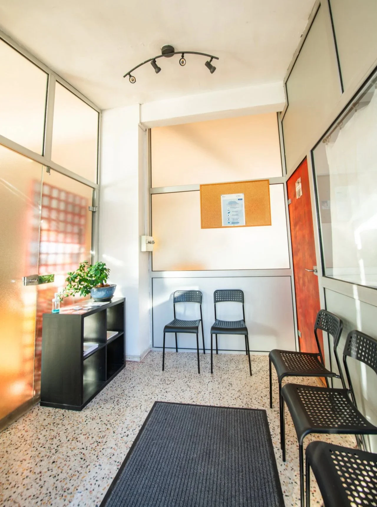 Une salle d'attente avec des chaises noires en métal, une petite table avec une plante en pot, un panneau d'affichage en liège, un tapis noir au sol, des fenêtres en partie supérieure, et une porte en bois orange.