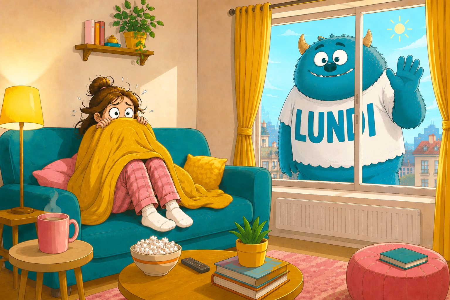 Une jeune fille assise sur un canapé, recouverte d'une couverture jaune, regarde la fenêtre avec inquiétude. Un monstre bleu, portant un t-shirt avec l'inscription 'LUNDI', est dehors, derrière la fenêtre, lui faisant signe.
