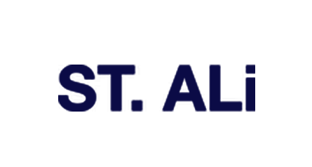 Logo with the text "ST. ALI" in dark blue font.