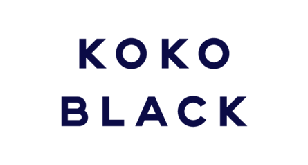 Text graphic with the words "KOKO BLACK" in large dark blue letters on a black background.