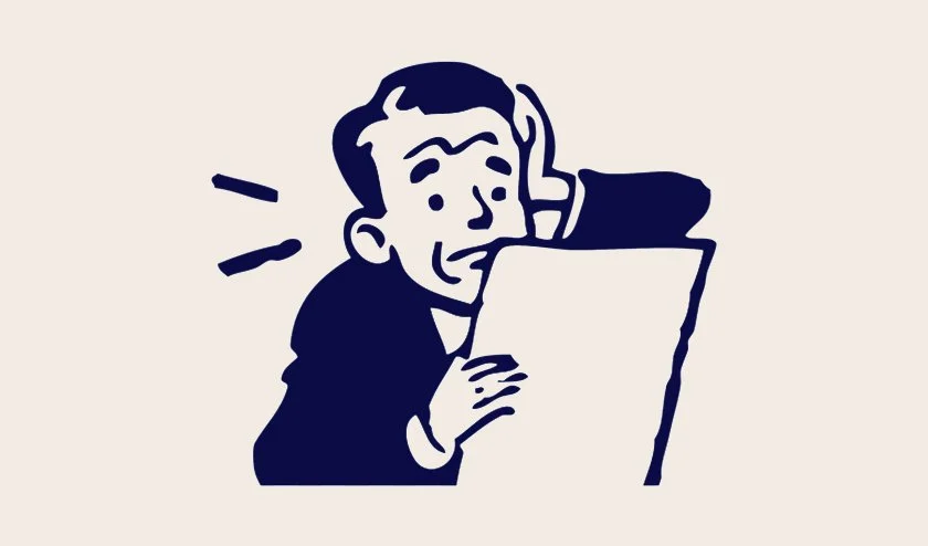 Vintage comic-style illustration of a person holding a phone to their ear while looking at a tablet or laptop.