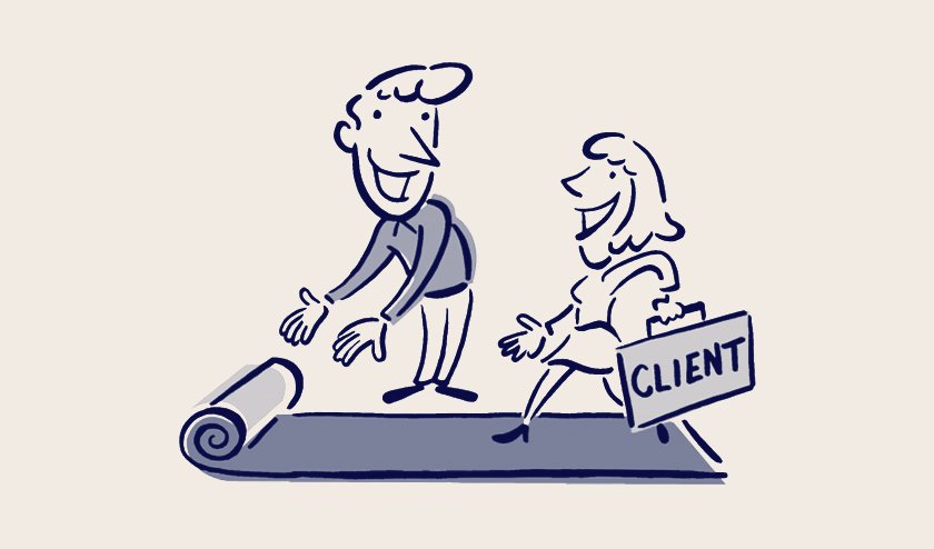 A cartoon drawing of two people, a man and a woman, smiling and talking as they shake hands on a rolled-out mat. The woman is holding a briefcase labeled 'CLIENT'.