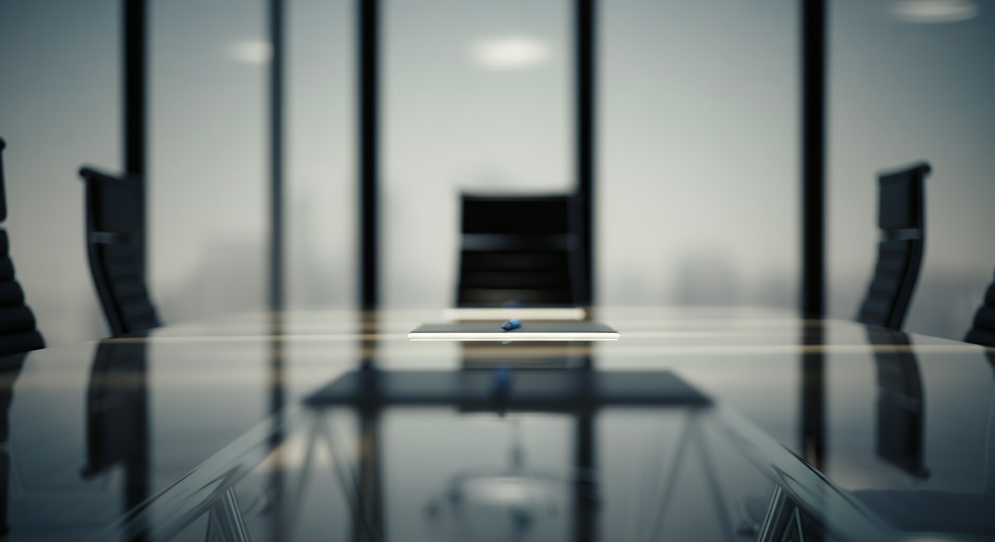 Empty conference room with a long glass table and black chairs, with a tablet and pen on the table.