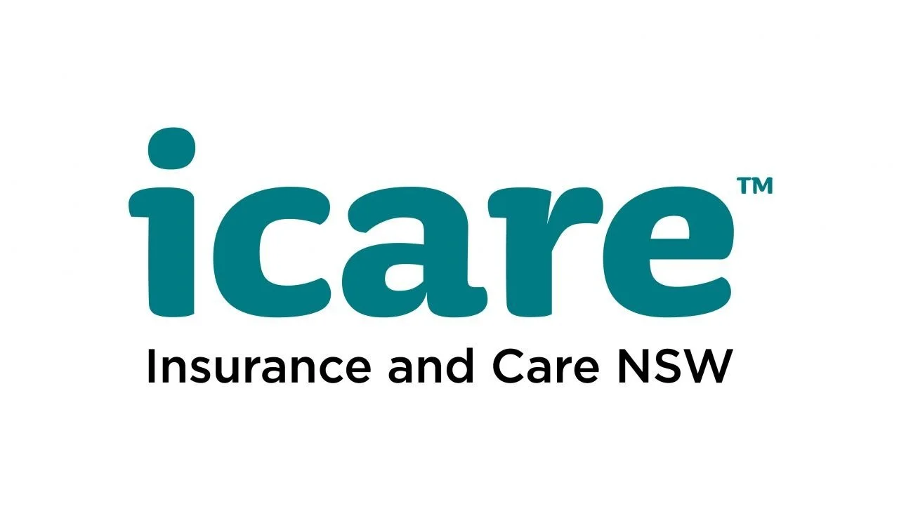 Logo of iCare Insurance and Care NSW with large blue text and black subtitle.