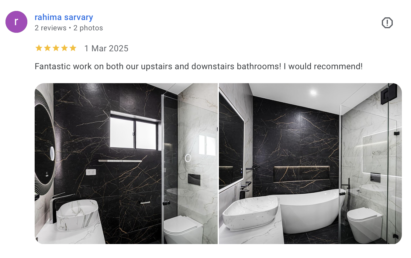 Two modern bathrooms with black and white marble walls, featuring a sink, mirror, toilet, and bathtub.