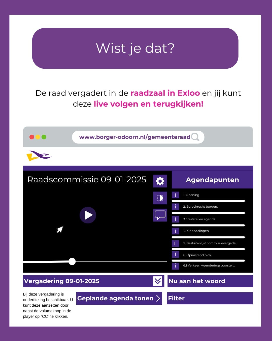 A screenshot of a Dutch municipal council web page with a purple background, featuring agenda and meeting information for the council meeting on January 9, 2025, including a video player, menu options, and a URL.