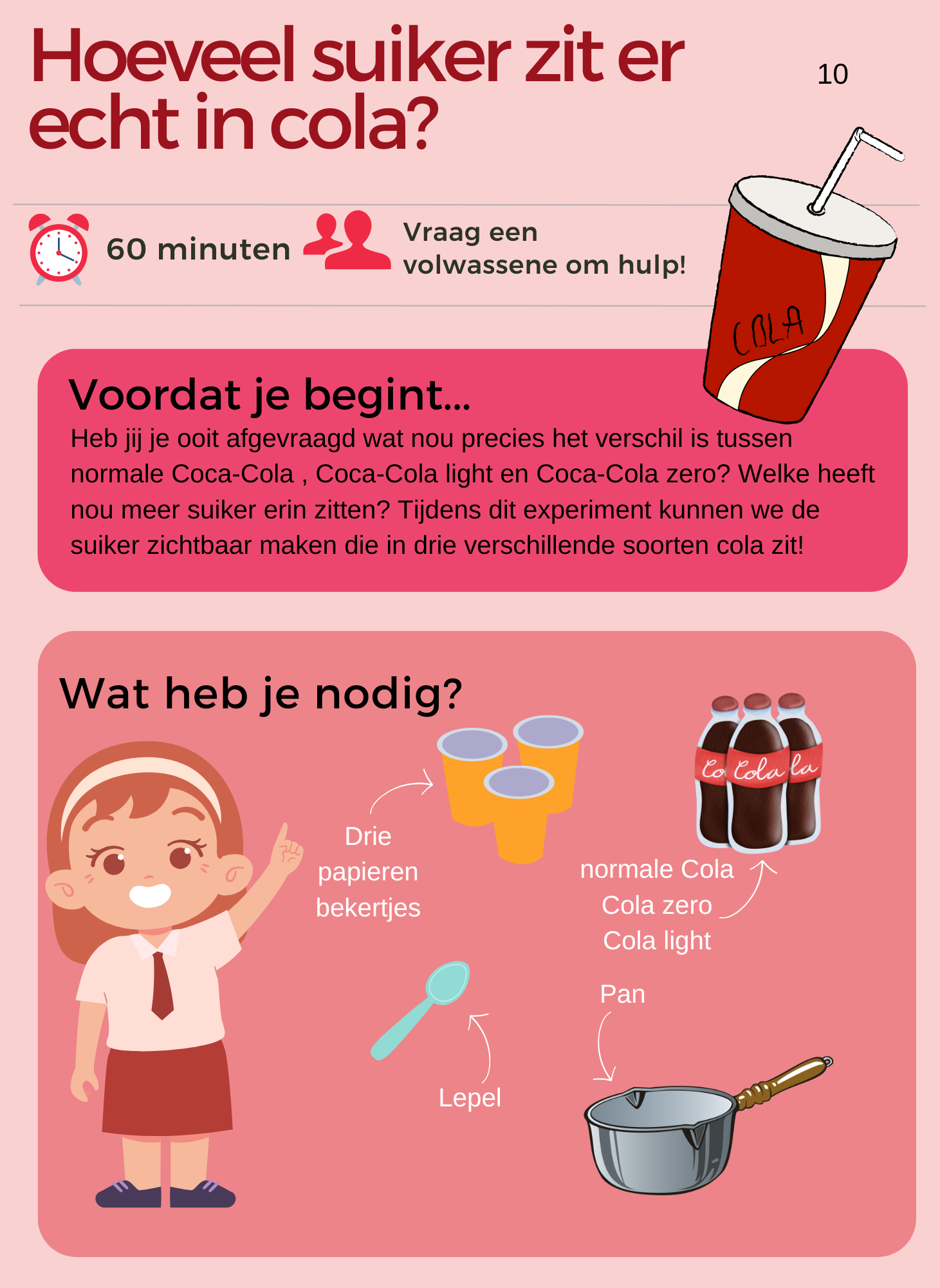 Infographic about how much sugar is in cola, featuring a cartoon girl pointing upward, cups, three bottles of cola (regular, zero, light), a spoon, and a saucepan, with Dutch text explaining the experiment to make sugar levels visible in different types of cola.