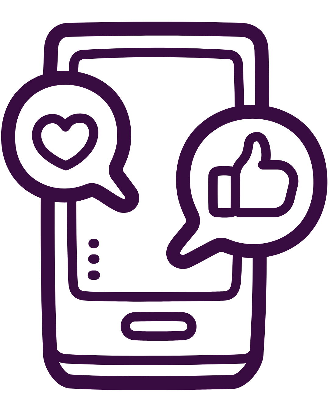 Outline of a smartphone with speech bubbles containing a heart and a thumbs-up sign.