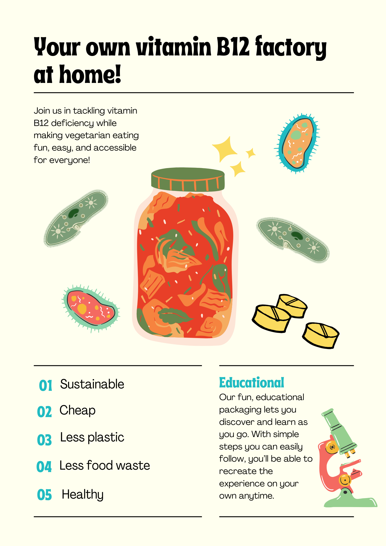 Illustration of a jar filled with vegetarian kimchi and bacteria around it, emphasizing a probiotic theme, with text promoting a DIY vitamin B12 factory at home.