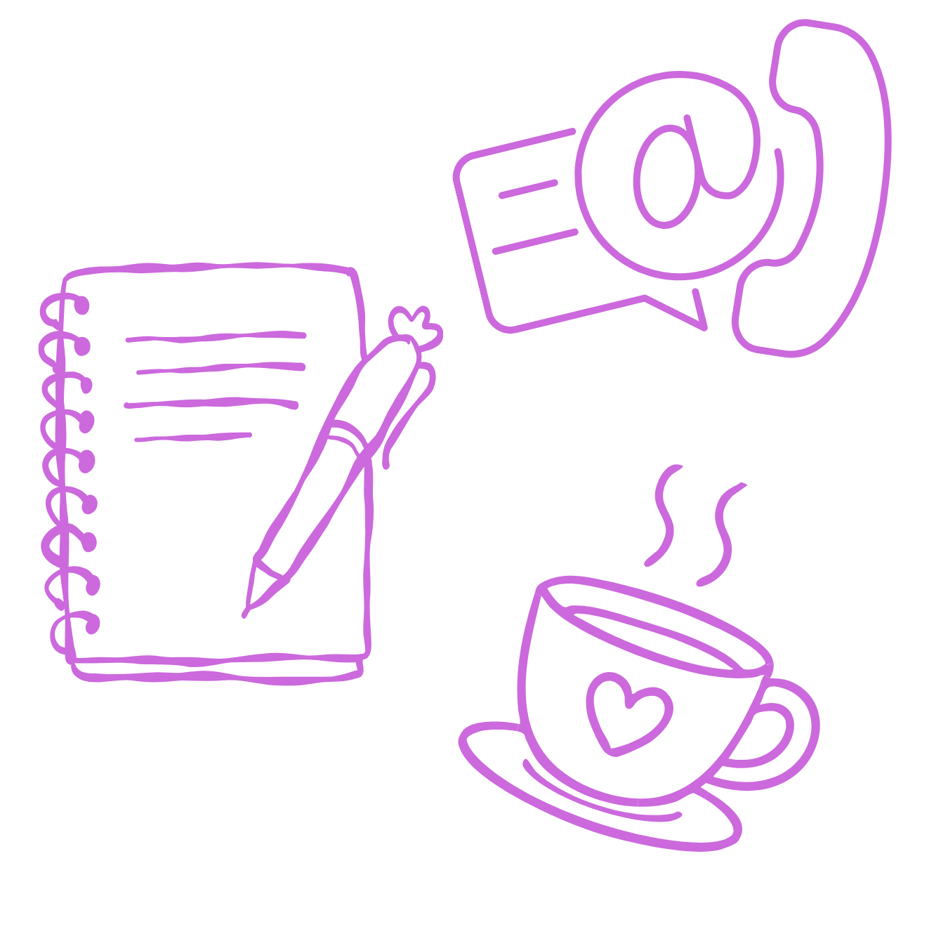 Neon purple line drawing of a notepad and pen, a steaming cup with a heart on it, and a speech bubble with an 'at' symbol and a telephone receiver.