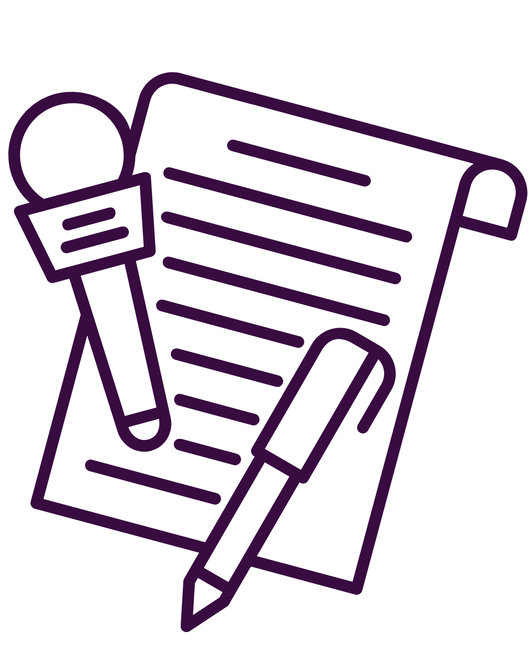 Outline drawing of a microphone, a pen, and a piece of paper with lines of text.