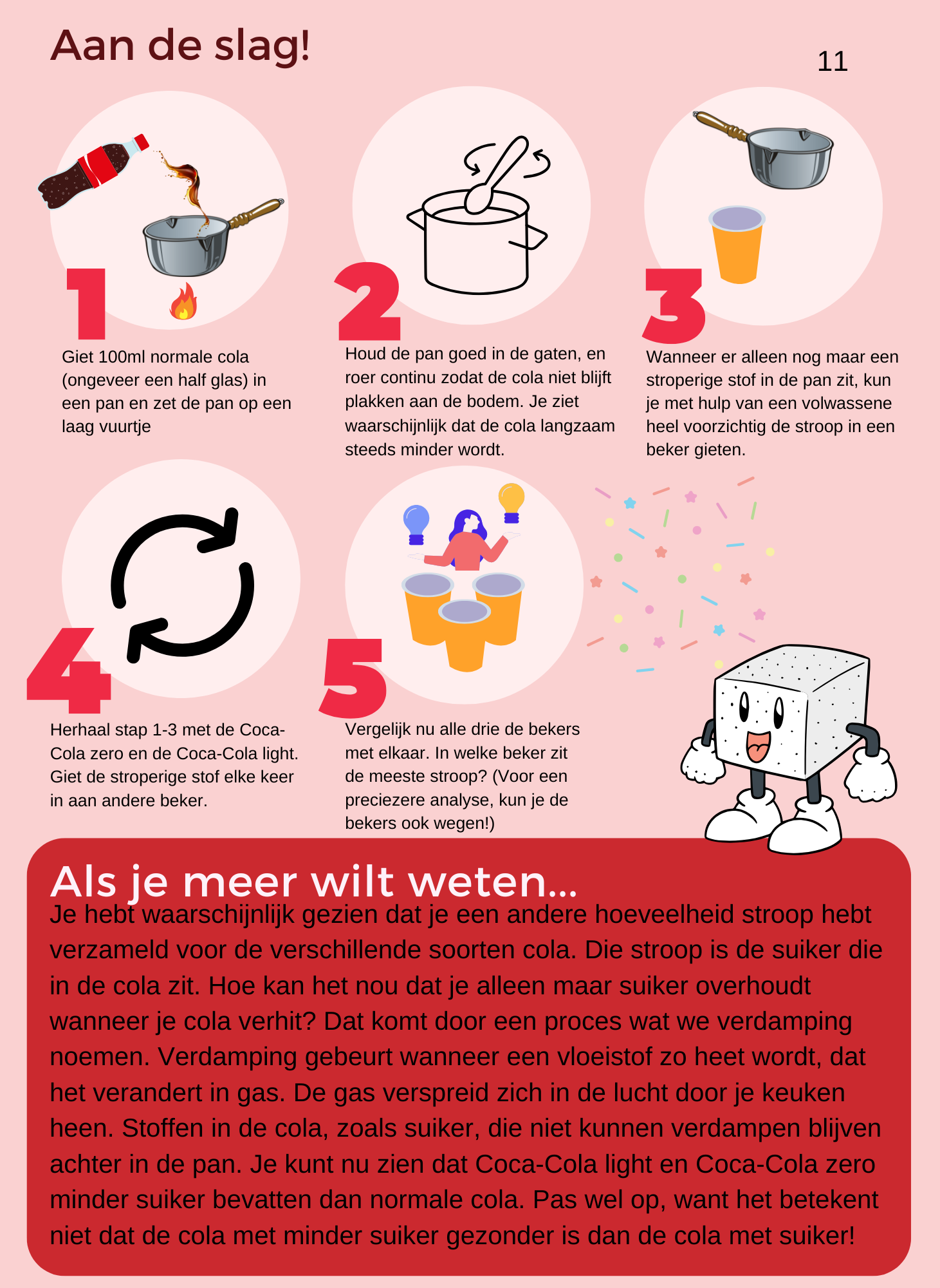 An illustrated step-by-step recipe for making a cola float, with instructions in Dutch. It shows pouring cola into a pan, heating the pan, adding a scoop of ice cream, mixing with Coca-Cola Zero or Coca-Cola Light, comparing the different glasses, and a red box with additional information about the sugar content in cola.