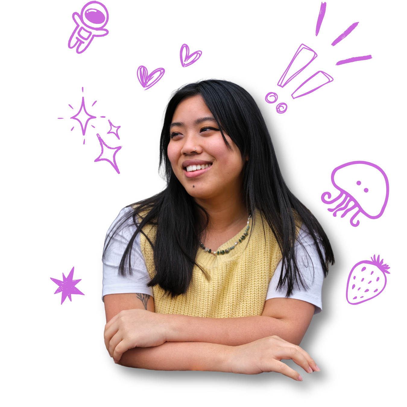 A young woman with long black hair, wearing a yellow and white shirt, smiling and looking to her right against a black background with purple abstract shapes.