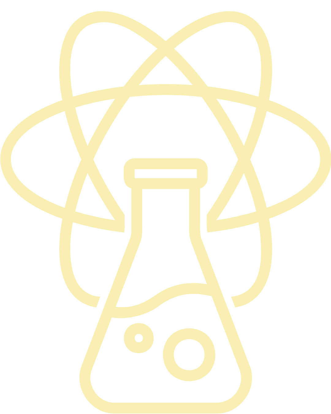Neon outline of an atomic model with a flask at the bottom.