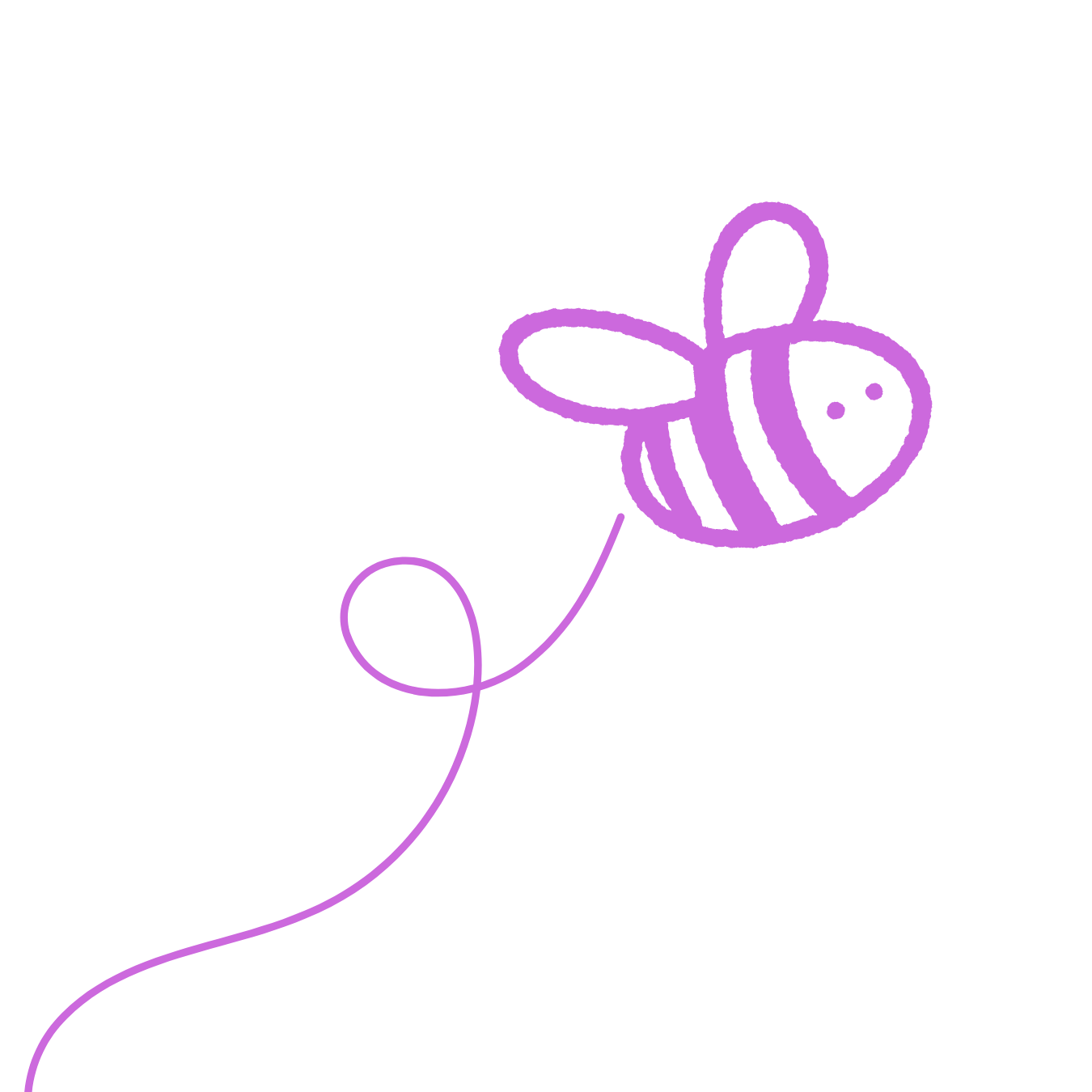 Simple line drawing of a purple bee with a dotted stinger, wings, and antennae, flying towards the top right.