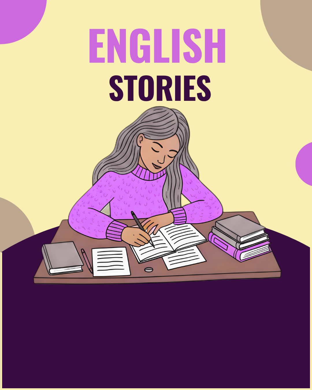 Book cover with an illustration of a woman with long gray hair writing at a desk, surrounded by books, with the title 'English Stories' in purple and black letters.