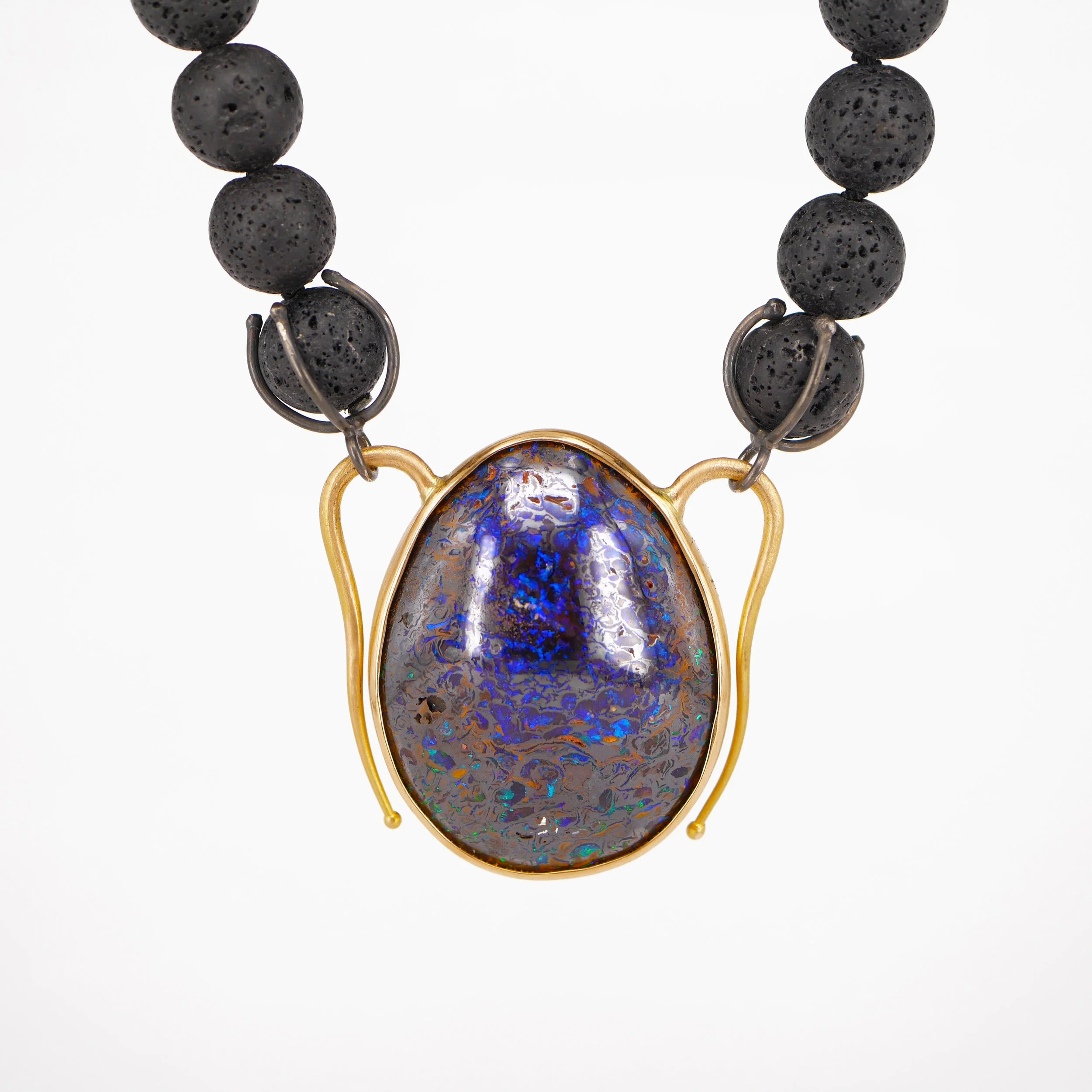 900er Gelbgold Schmuck-Verschluss mit Yowah-Nuss-Opal und Lava-Kette