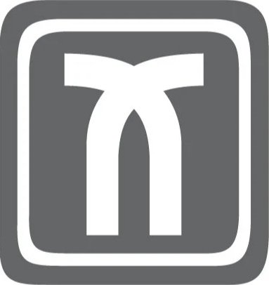 Ein Logo mit einem weißen stilisierten Symbol auf grauem Hintergrund, framed von einem weißen und grauen Rahmen.