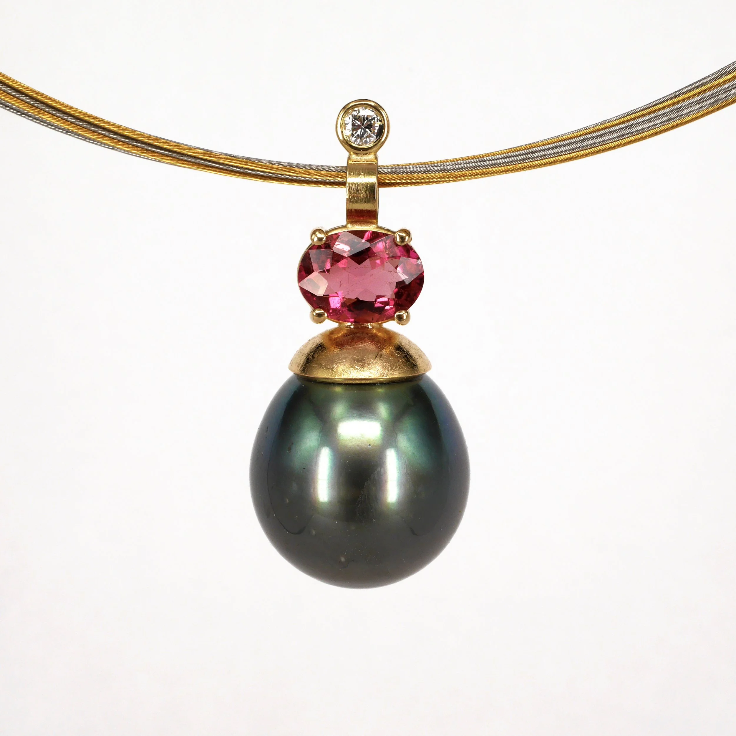 750er Gelbgold Thaitiperle-Tropfen mit rosa Turmalin und Brillant auf Bicolor-Stahlseil