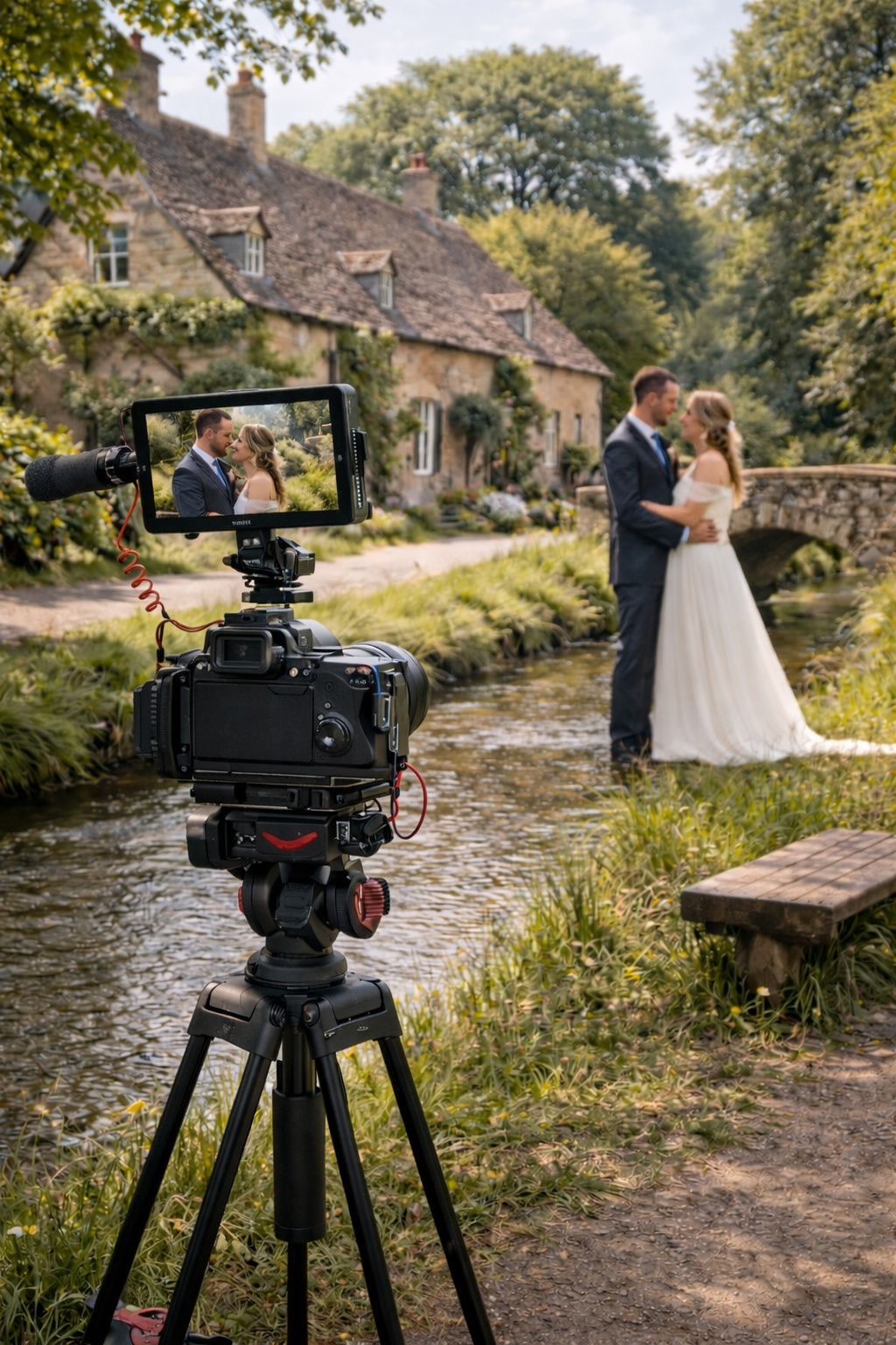 A wedding couple stands in a creek with a stone house and lush trees in the background, as a camera on a tripod captures their moment.