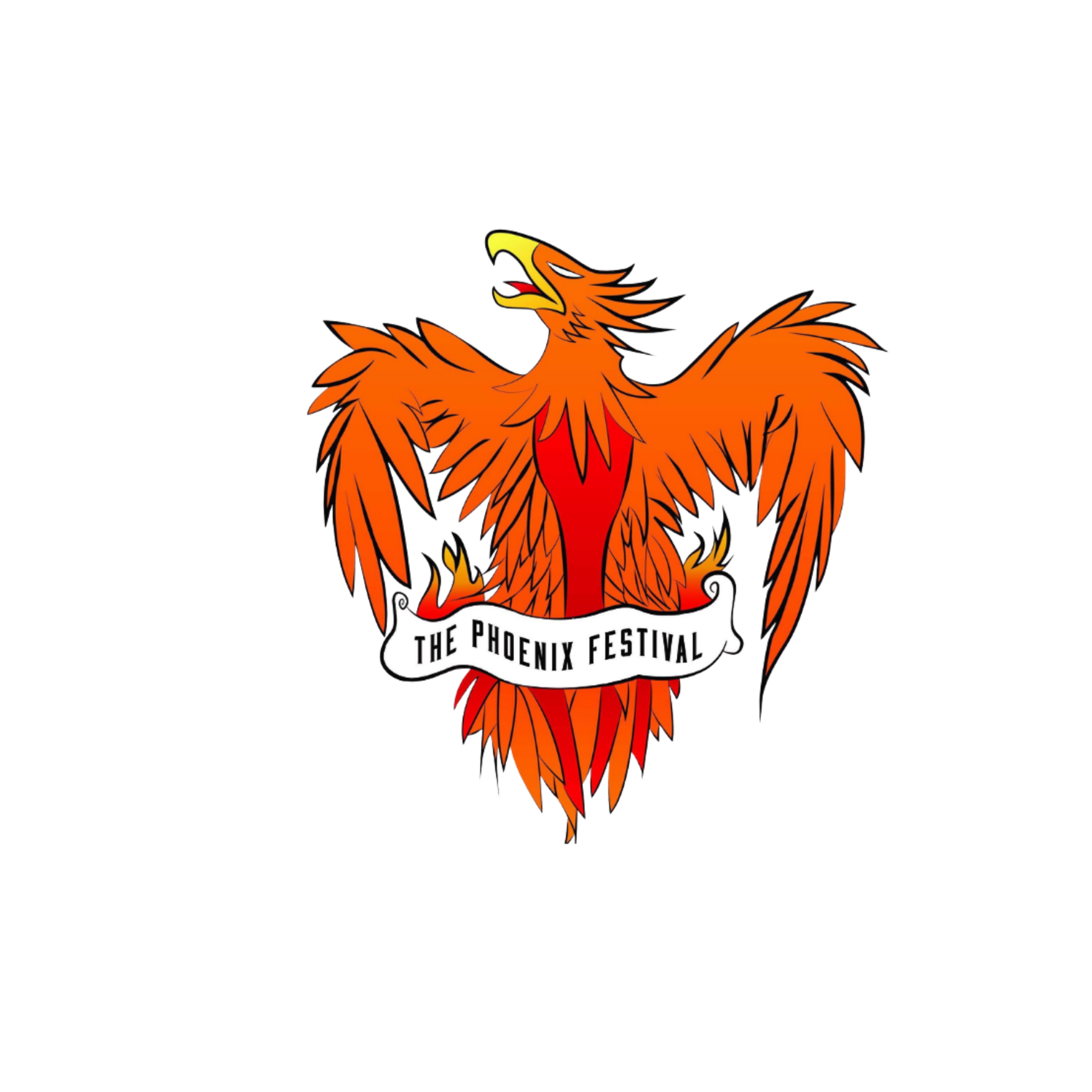 A stylized orange and red phoenix with outstretched wings, holding a white banner that reads 'The Phoenix Festival'.