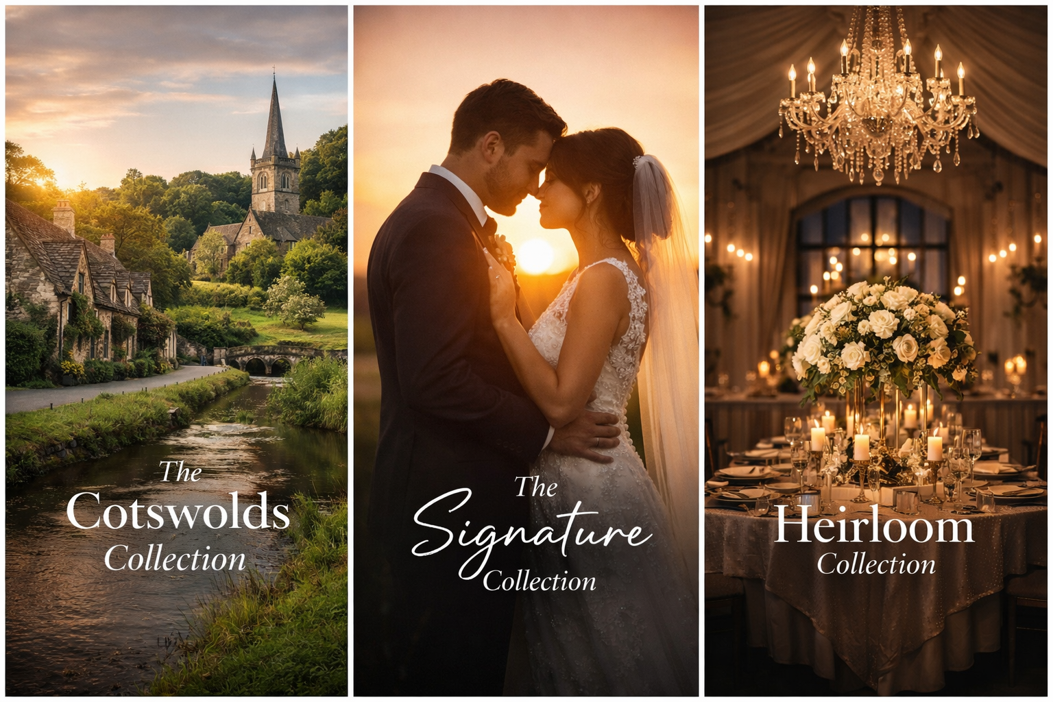 Three-part collage: a scenic view of a village with a river and church, a romantic wedding couple at sunset, and an elegant reception table with candles and flowers.
