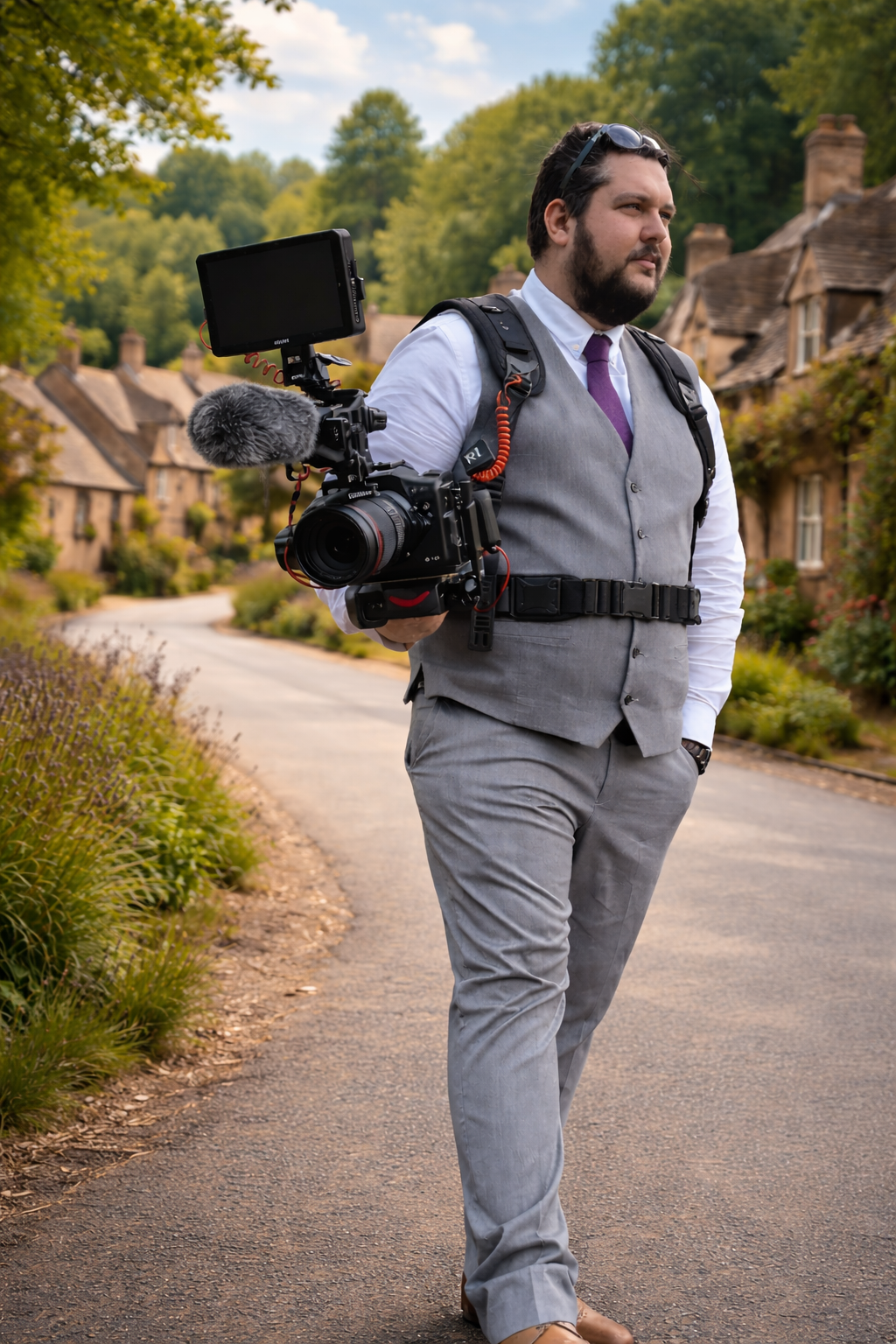 A man dressed in a gray vest and pants, white shirt, purple tie, with sunglasses on his head, holding a professional video camera with a mounted monitor and microphone, walking on a countryside street lined with trees and historic houses.