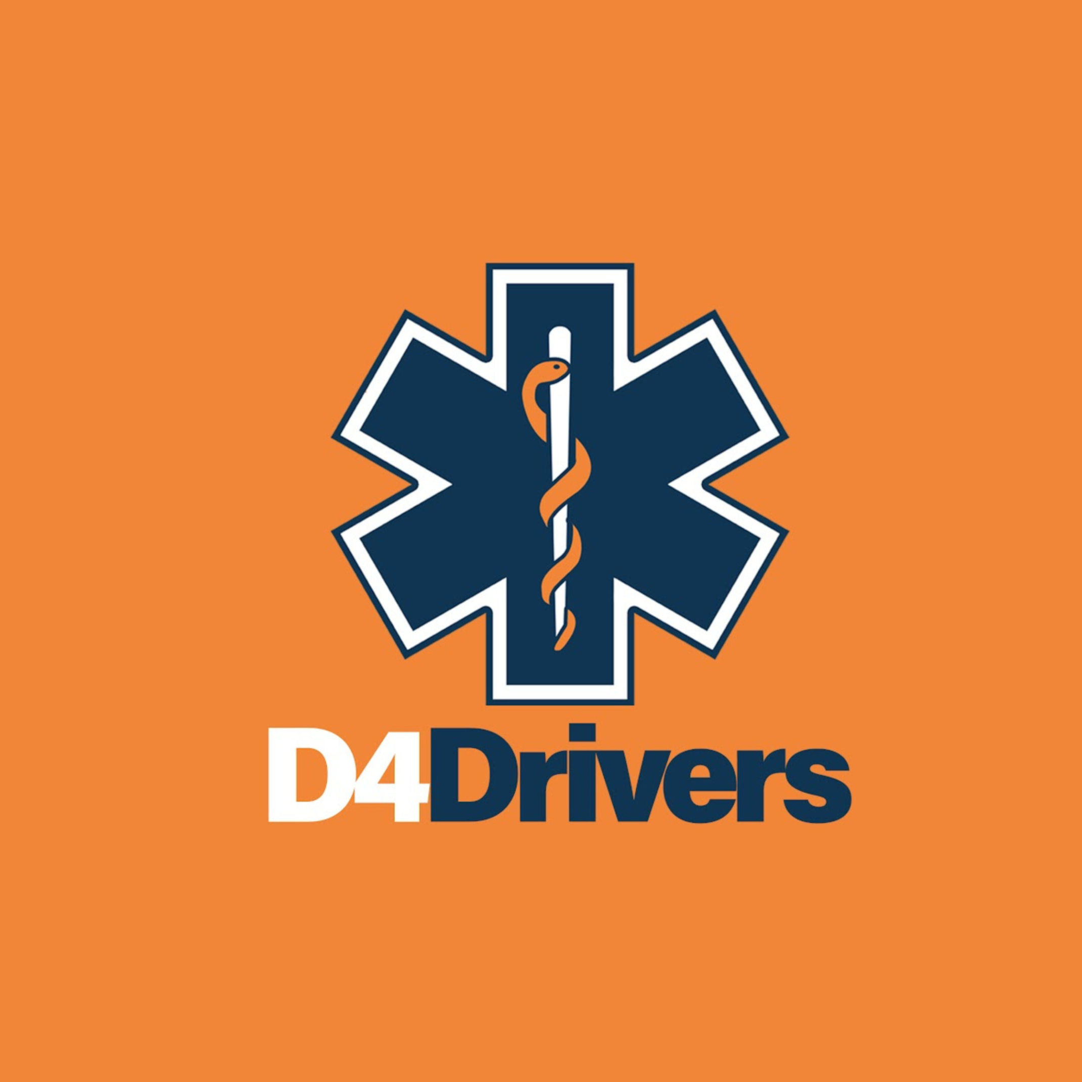 An orange background with a blue medical star of life symbol, featuring a white Rod of Asclepius with a snake, and the text 'D4 Drivers' in white and dark blue.