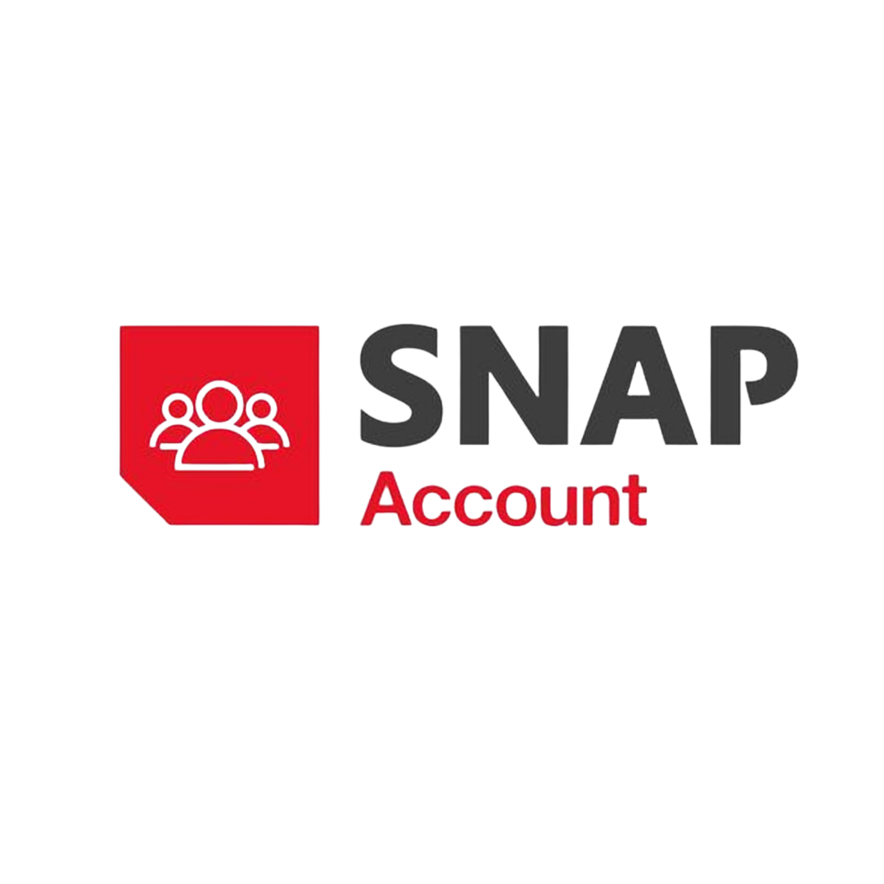 Snapchat account logo with a red square and white icons of three people, alongside the words "SNAP Account" in black and red text.