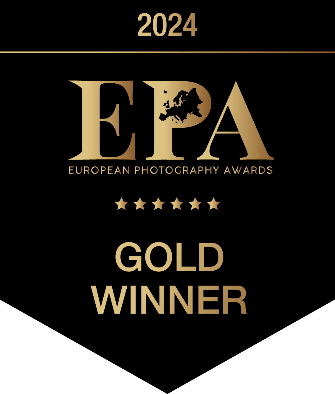 European Photography Awards 2024 Gold Winner badge featuring black and gold design with the text 'EPA European Photography Awards', a map of Europe, five gold stars, and the words 'GOLD WINNER'.