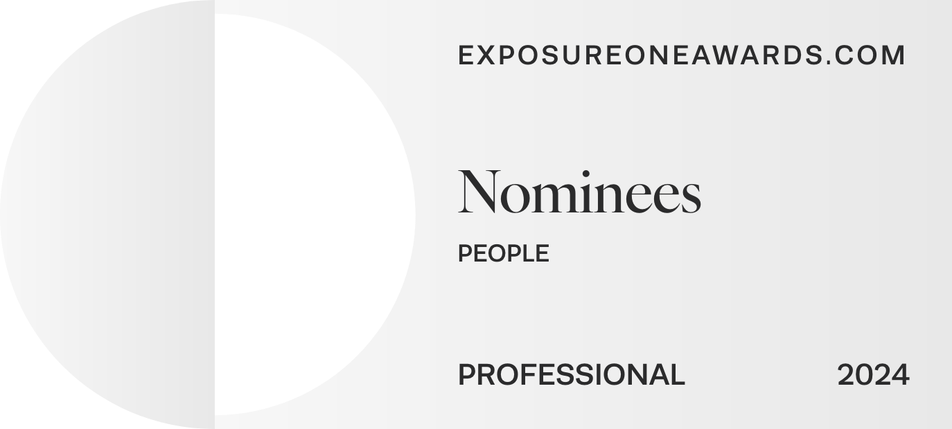 Nominees for people category in the 2024 Exposure One Awards, showing a black and white circular graphic and text with the award website and categories.