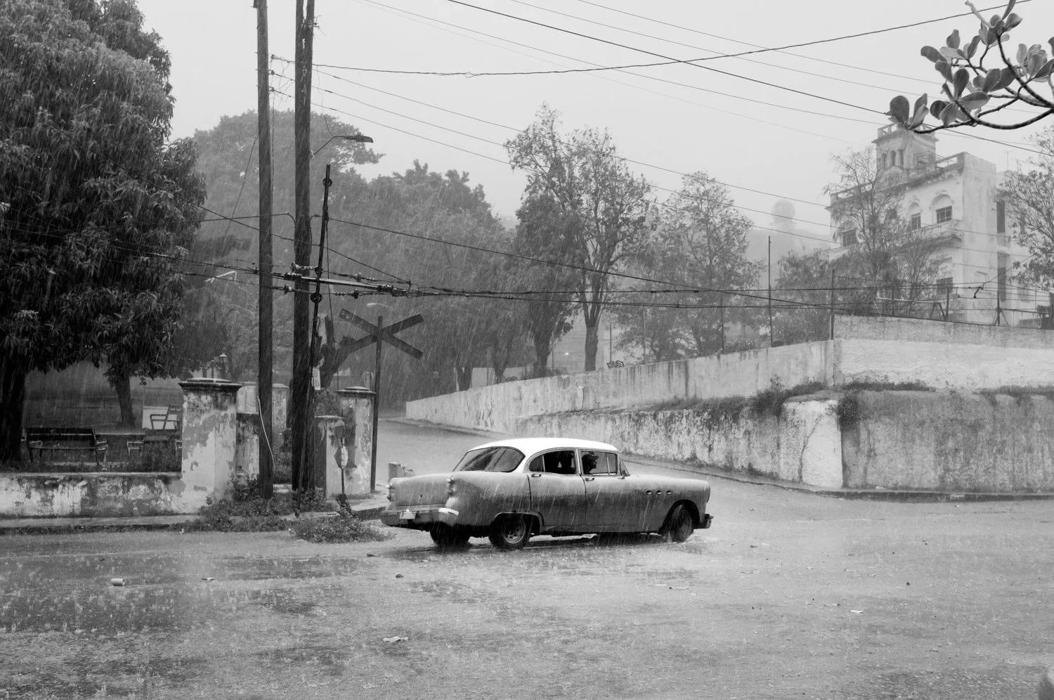 A black-and-white photo of a vintage car parked on a rainy street, with rain visibly falling and splashing on the wet ground. There are trees, power lines, and a building in the background.