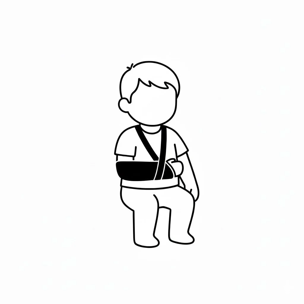 Line drawing of a boy with an arm injury, sitting down, wearing casual clothes and a sling.