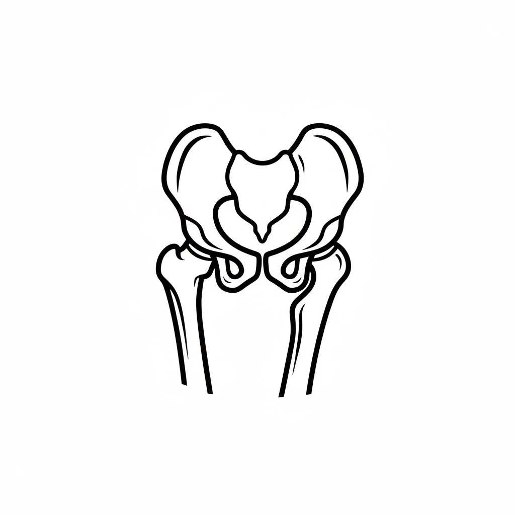 Line drawing of a human pelvis and upper thigh bones.
