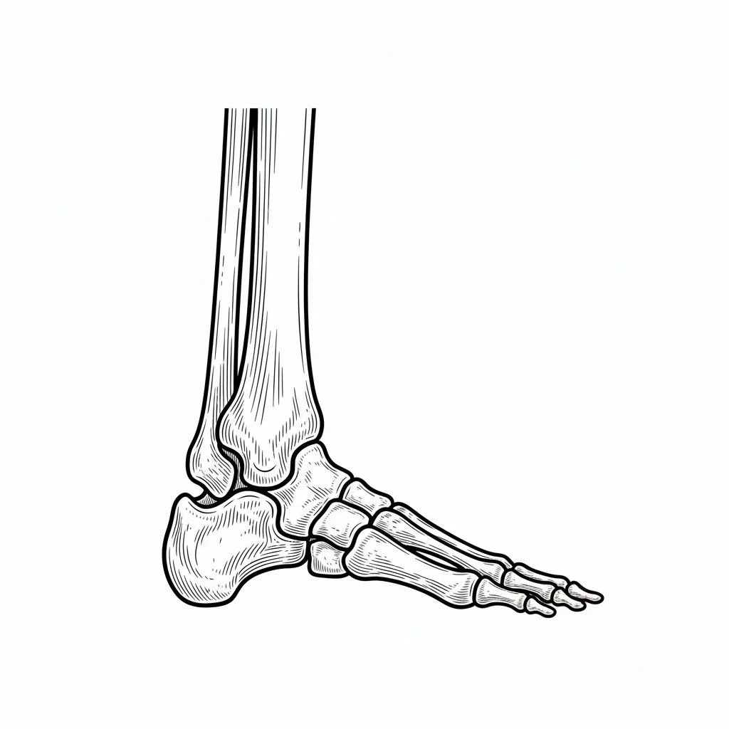 Black and white illustration of an animal's lower leg and foot bones, similar to a horse's leg.